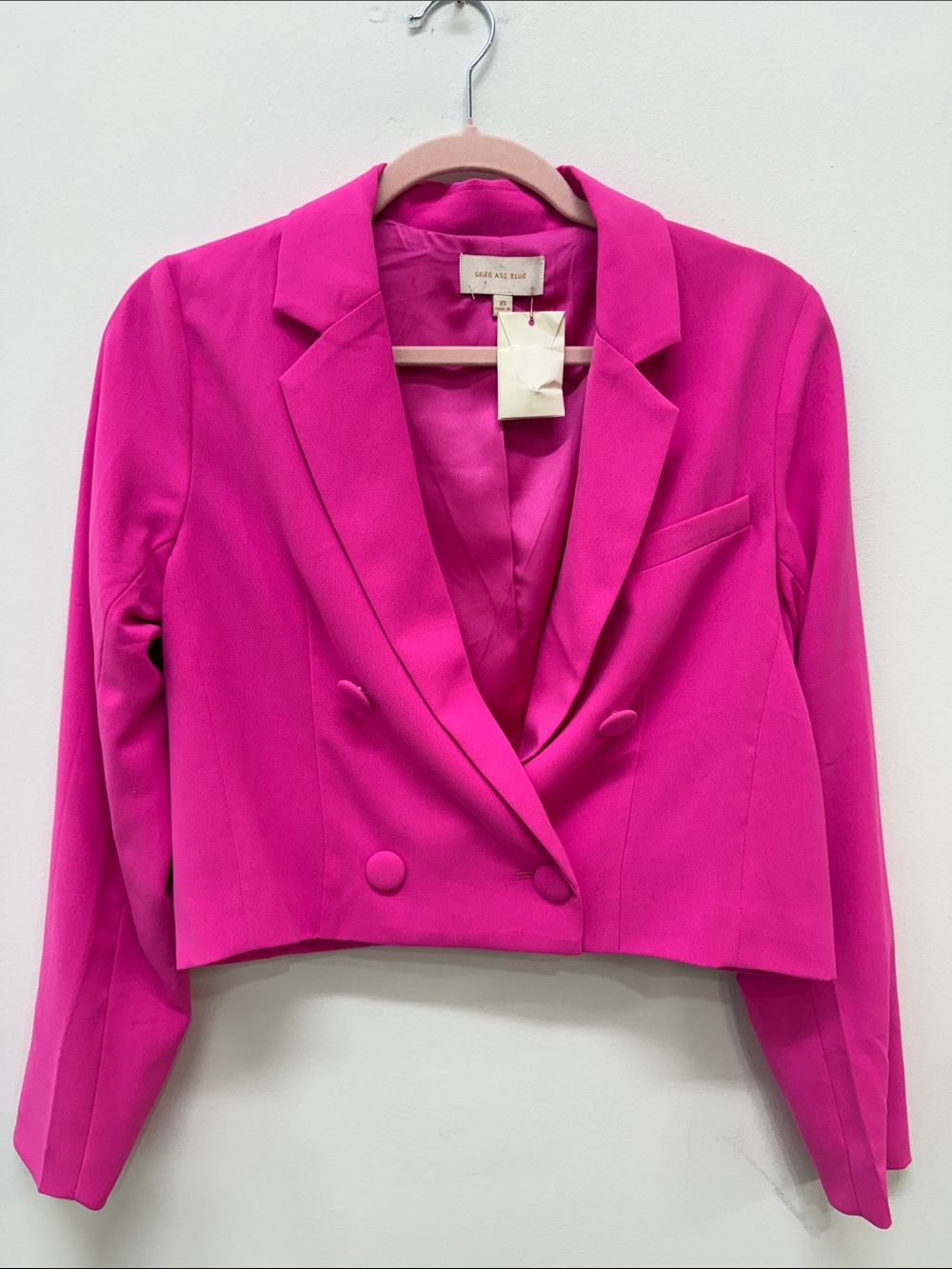 Skies Are Blue Cropped Double-Breasted Blazer - Bright Pink